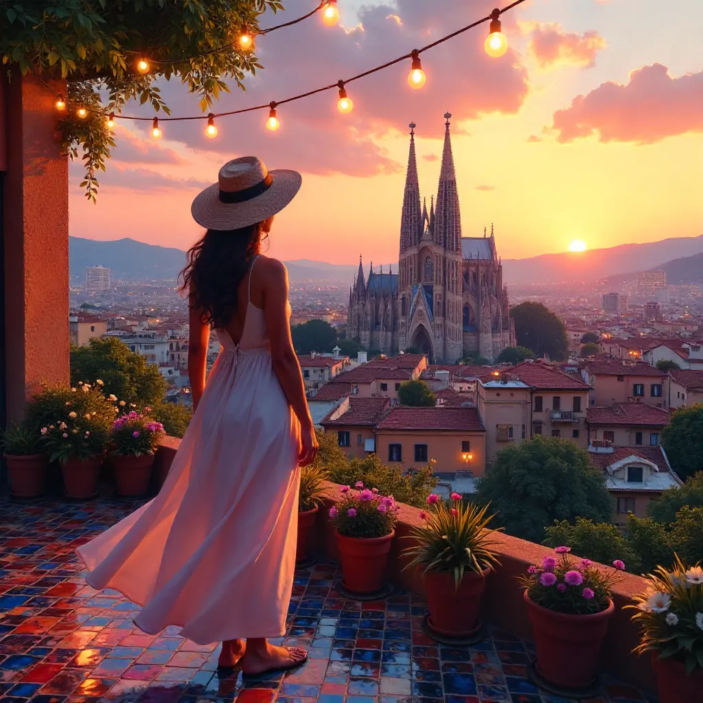 Rooftop Reverie: Woman Gazing at Sagrada Familia