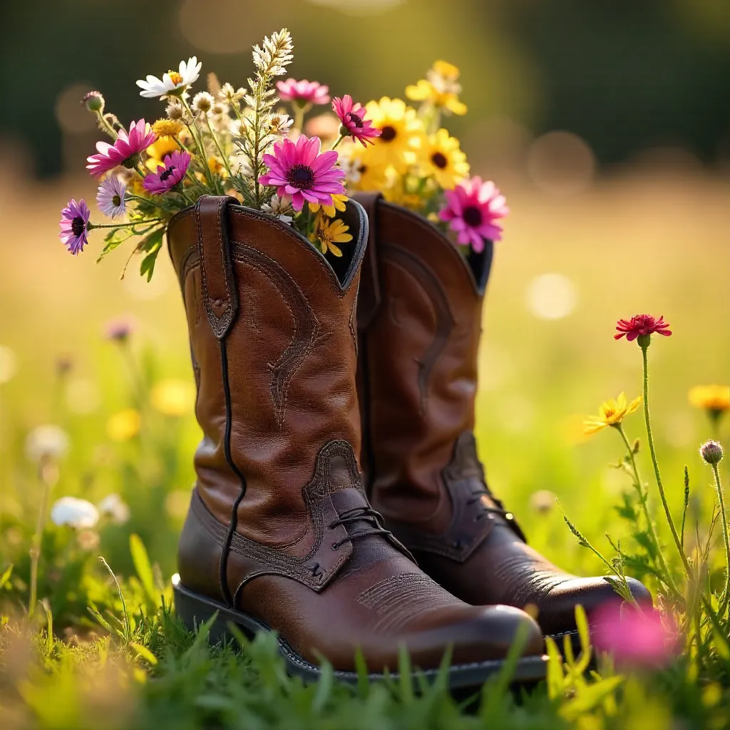 Close-Up Cowgirl Boots Full of Wildflowers in a Golden Meadow