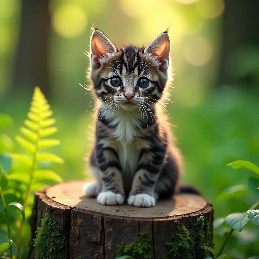 Curious Kitten on a Mossy Wood Stump in Greenery