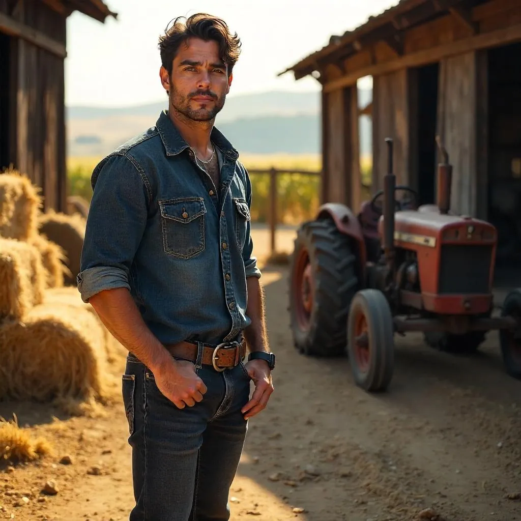 Handsome Latino Farmer in Golden Hour Farm Scene
