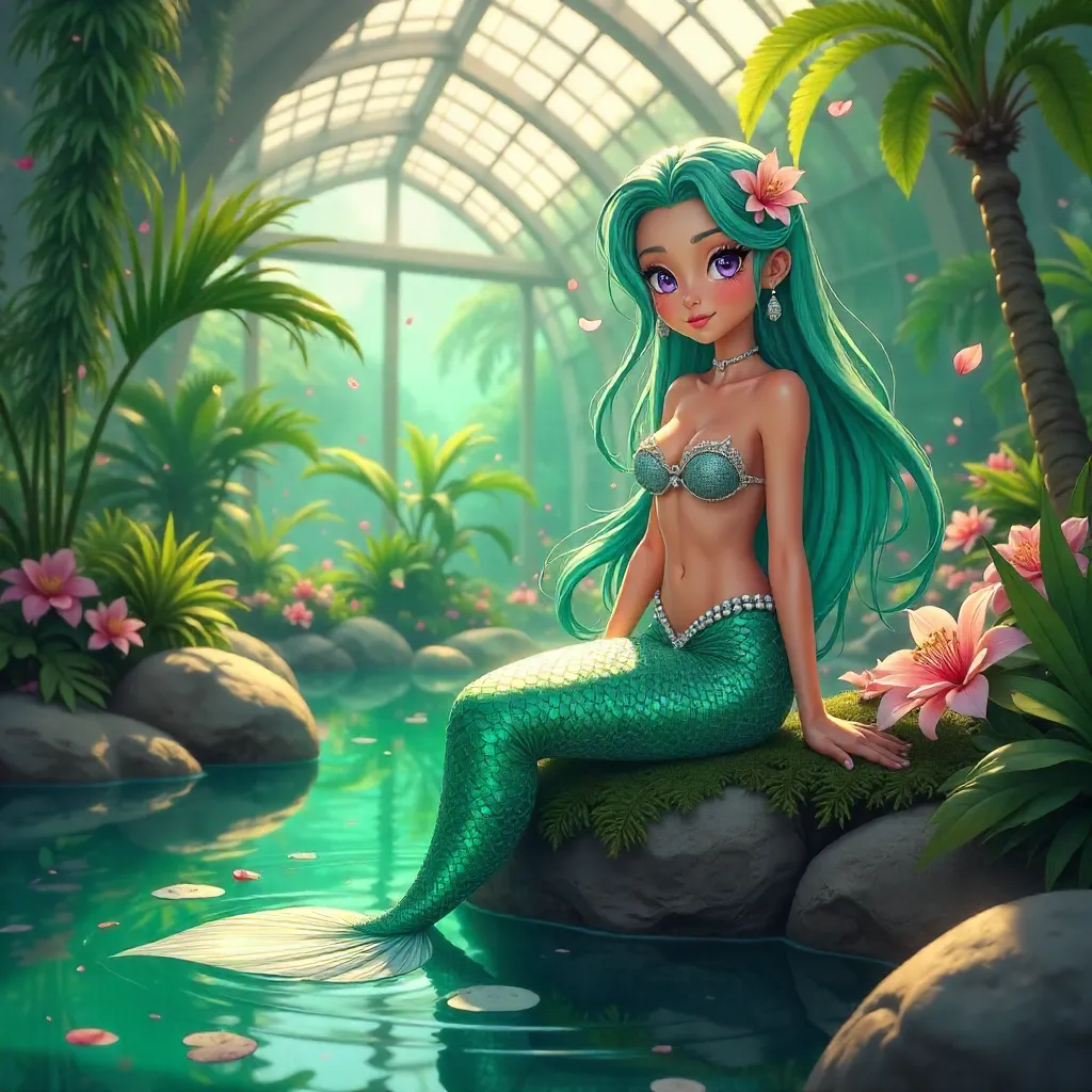 Anime Mermaid in a Tropical Conservatory