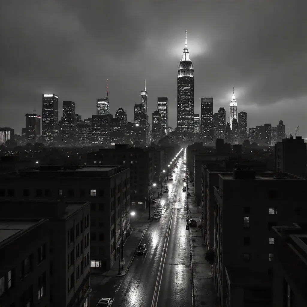 Twilight Shadow: Dense Black-and-White Cityscape