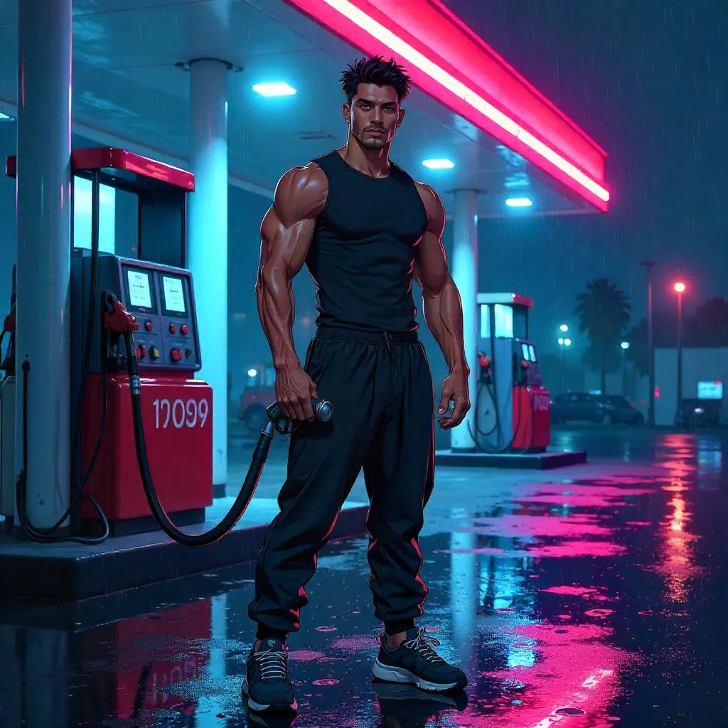 Athletic Latino Man at Neon Gas Station - Anime Style