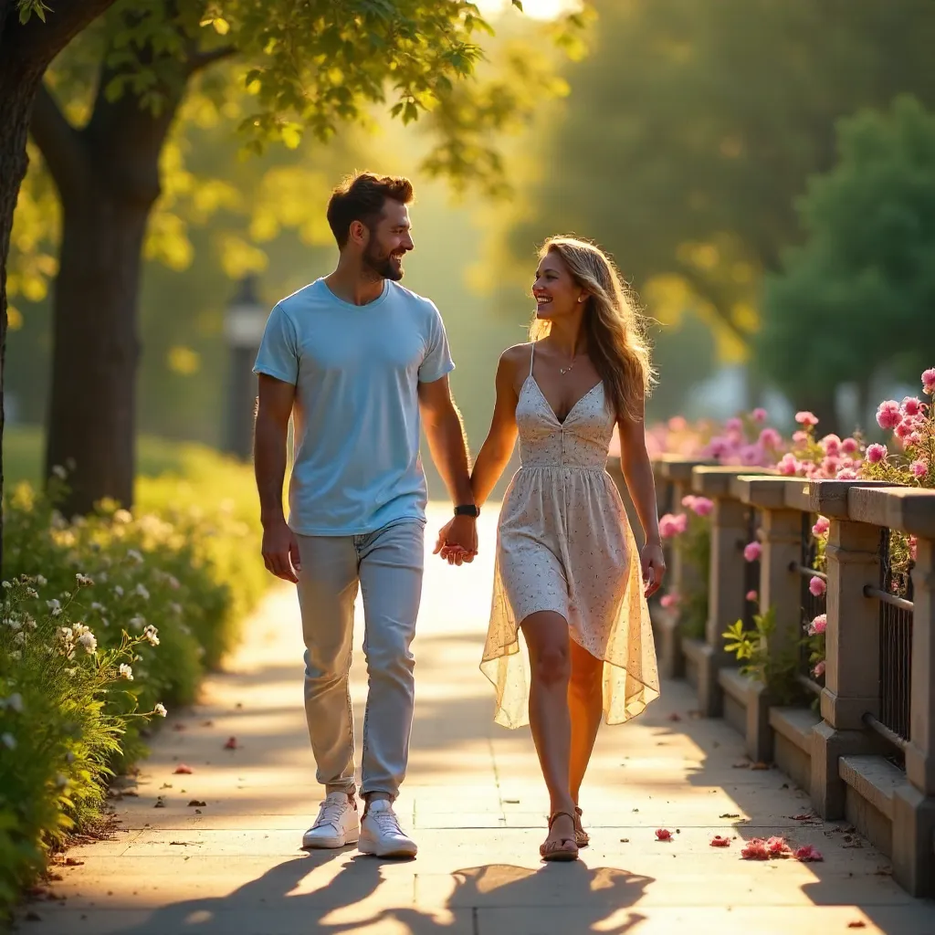 Sunny days, happy couple strolling along a lush outdoor walkway