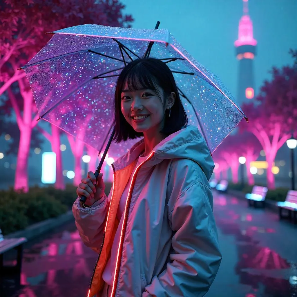 Cheerful Asian Woman in a Neon Cyberpunk Park