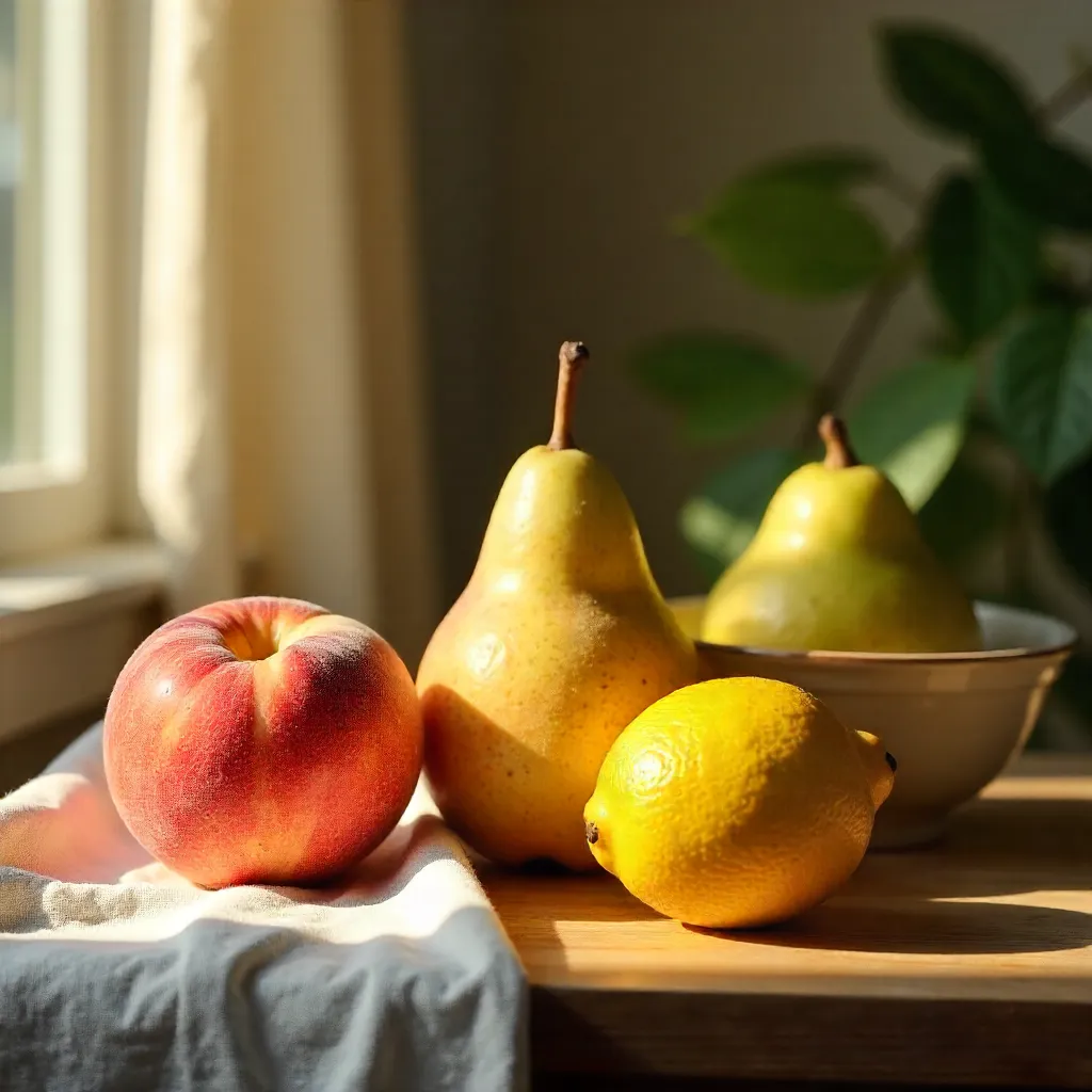 Sunlit Peach, Pear, and Lemon Still Life