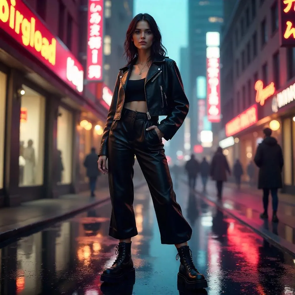 Stylish White Girl in Neon City Street - 3D Render