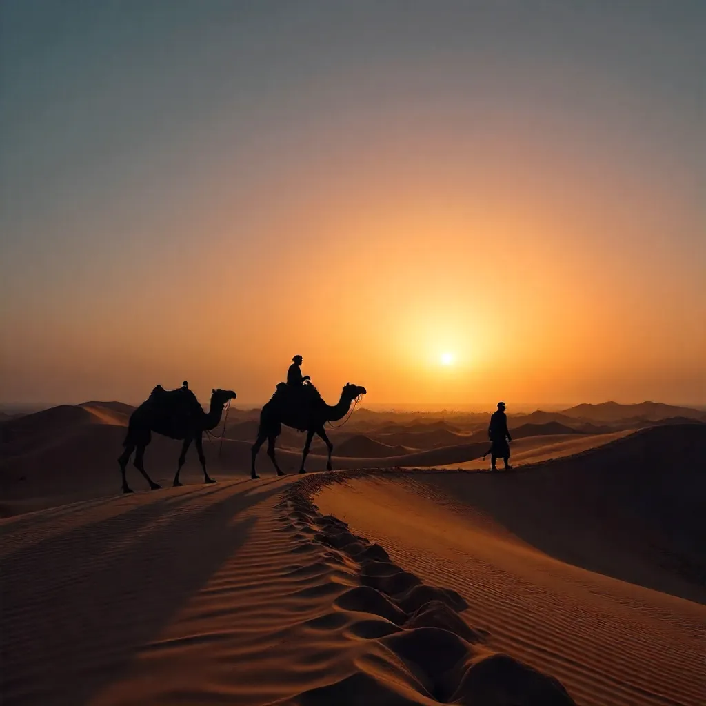 Twilight Silhouettes: Camels and Traveler in Merzouga Dunes