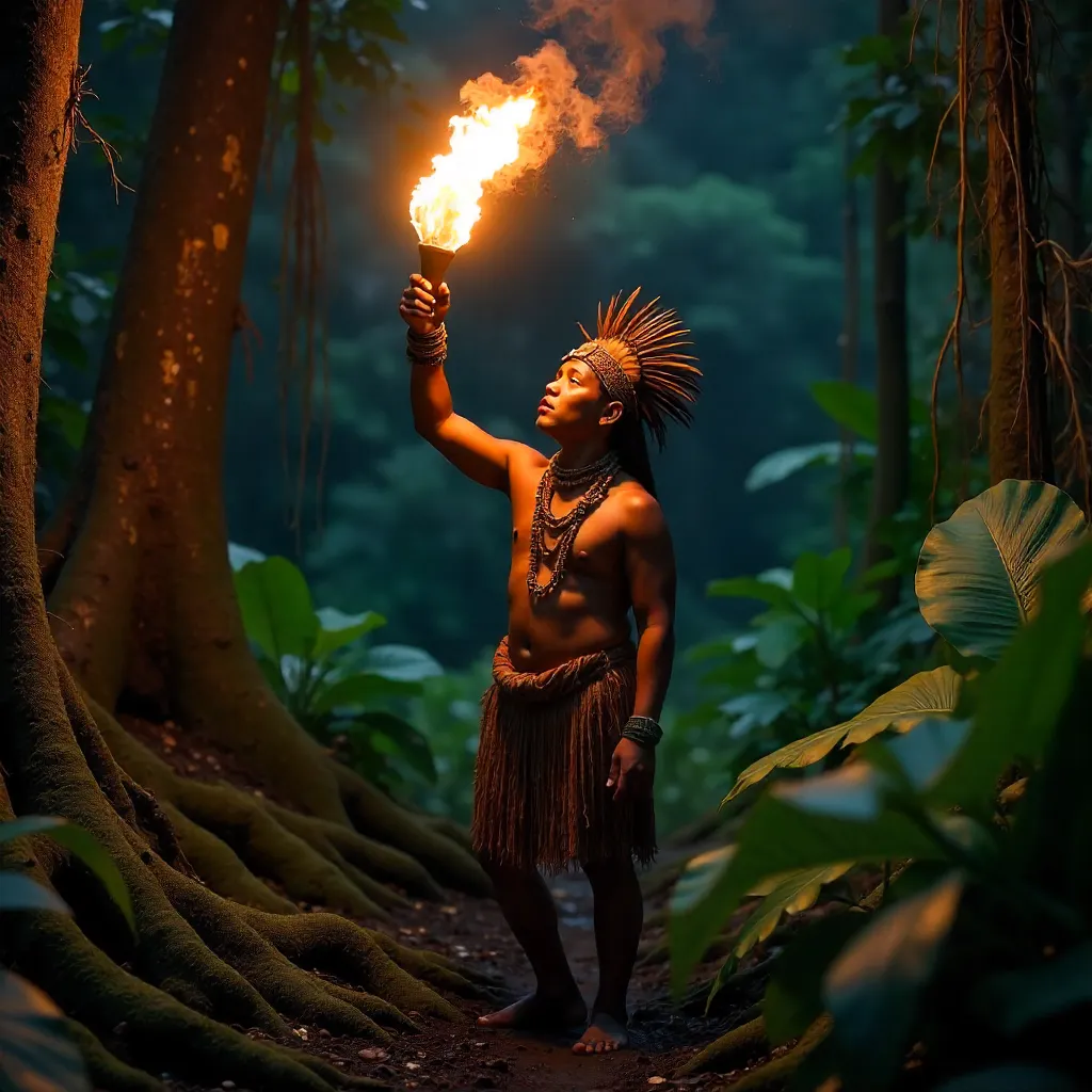 Torchbearer in Papua Jungle near Jayapura