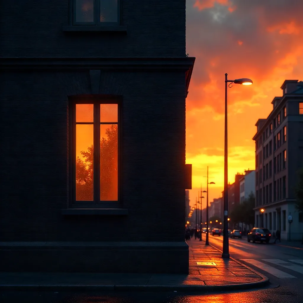 Orange Sunset Over a Dark Facade with One Lit Window