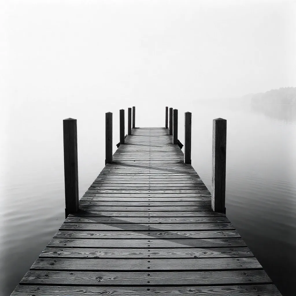 Still Waters: Black-and-White Fishing Platform