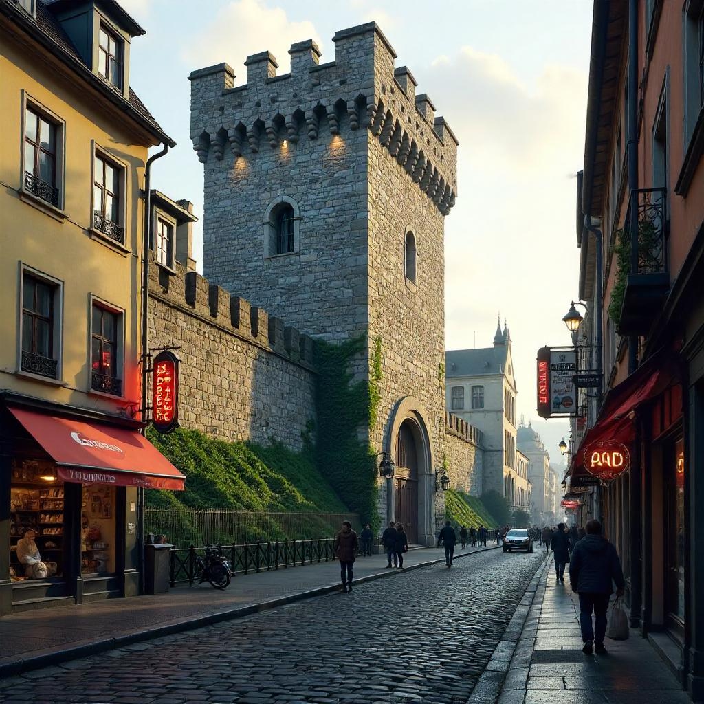Photorealistic Fortress on a Busy Urban Street