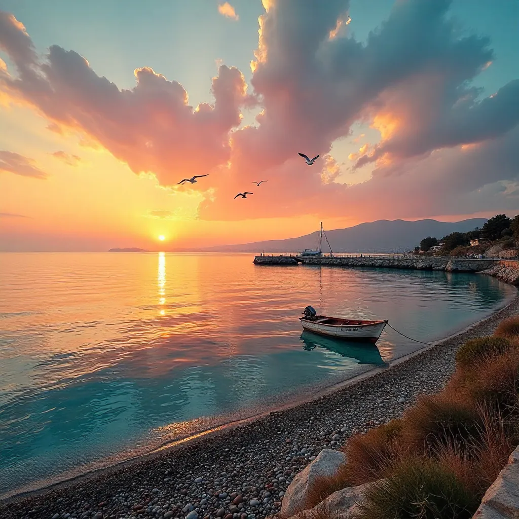 Sunset along Antalya's tranquil coastline with distant mountains