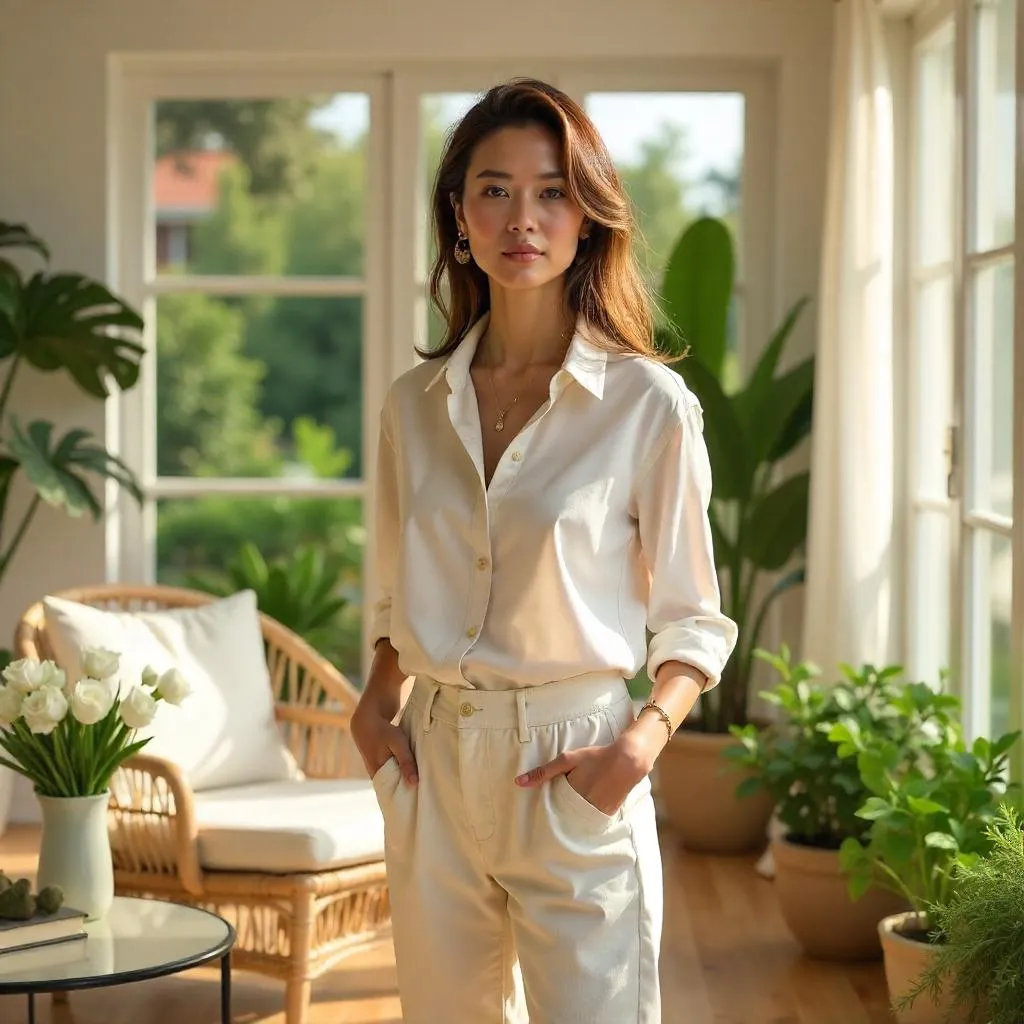Confident White Woman in a Sunlit Sunroom