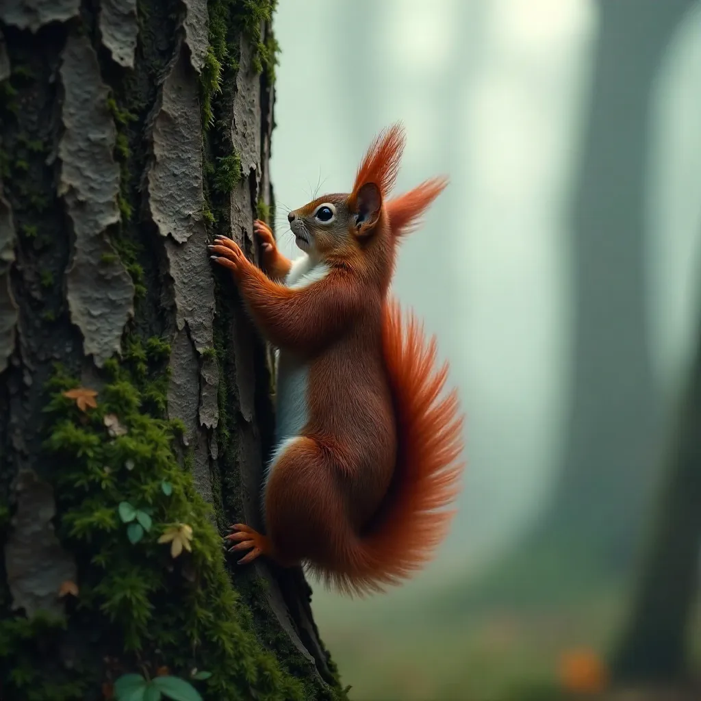 Mist-Kissed Red Squirrel on a Foggy Forest Trunk