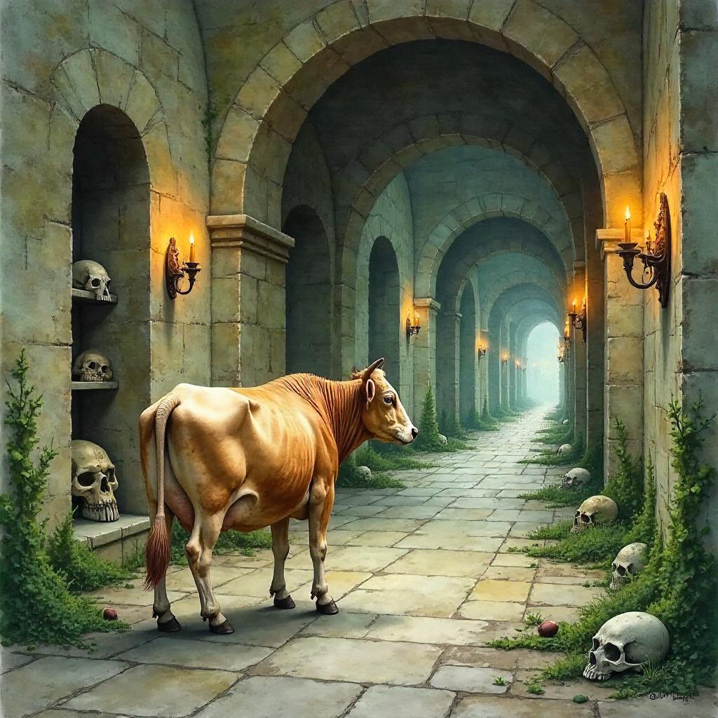 Cow in Catacombs: A Watercolor Reverie