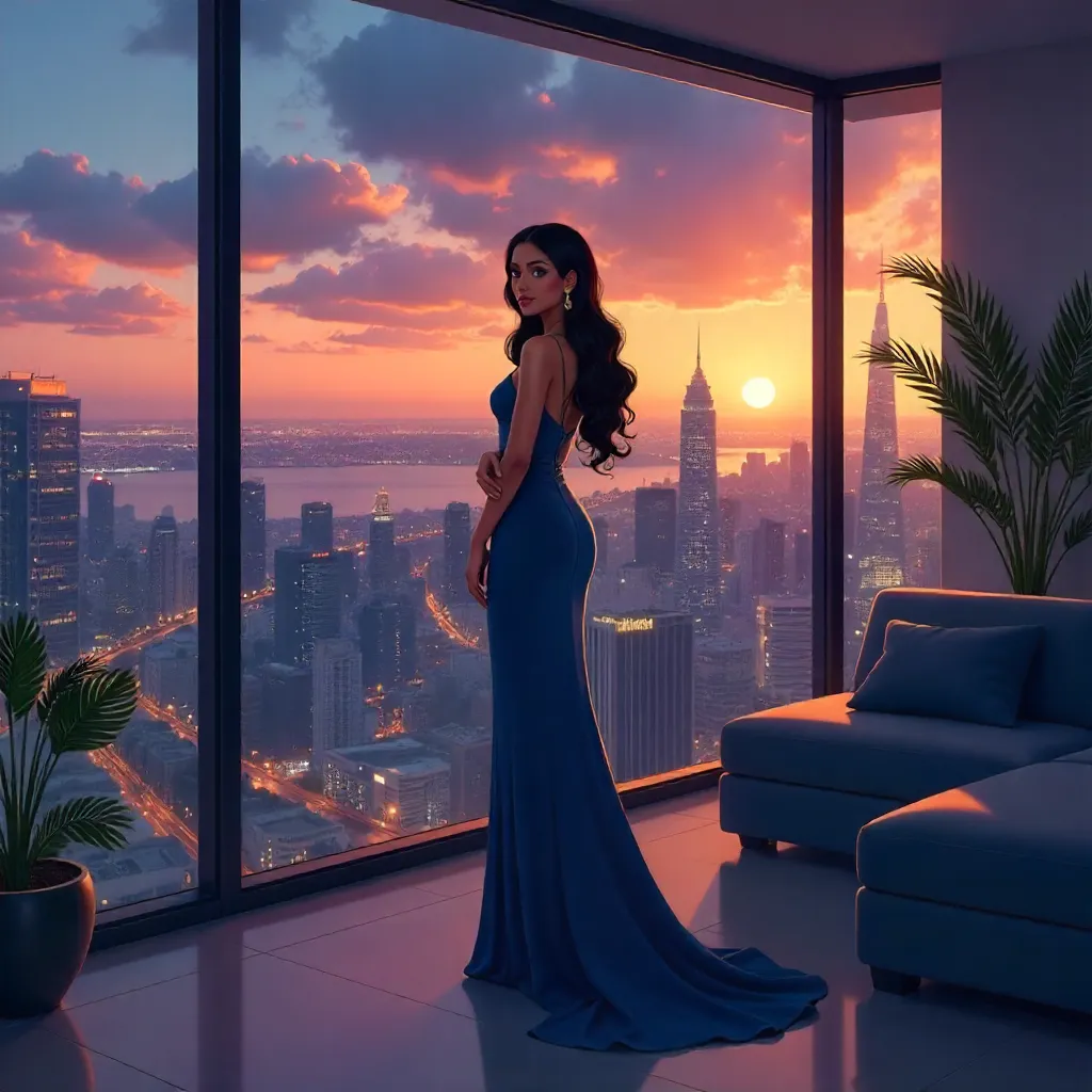 Midnight Skyline: Anime Elegance in a Penthouse