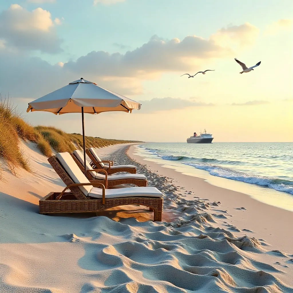 Tranquil Cuxhaven Beach with Strandkörbe and Distant Ship