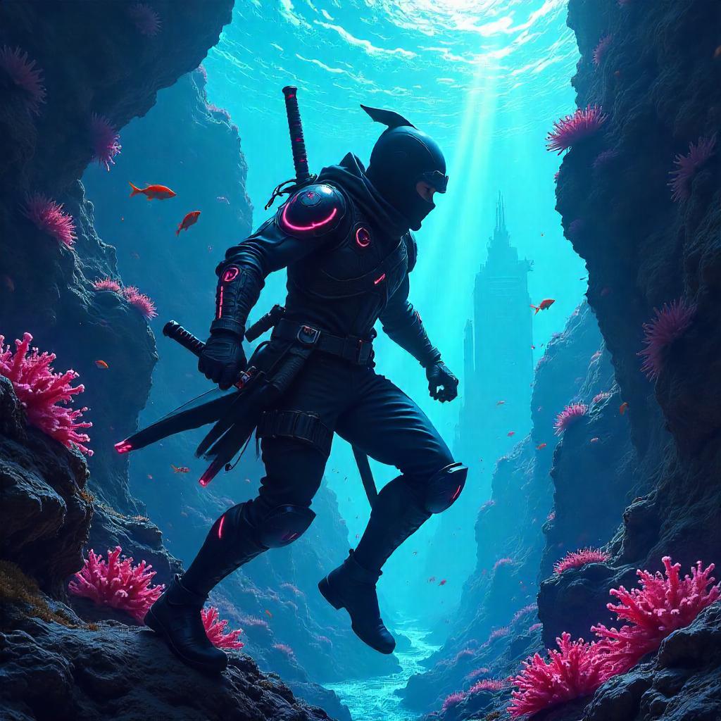 Neon Underwater Ninja in a Digital Ocean City