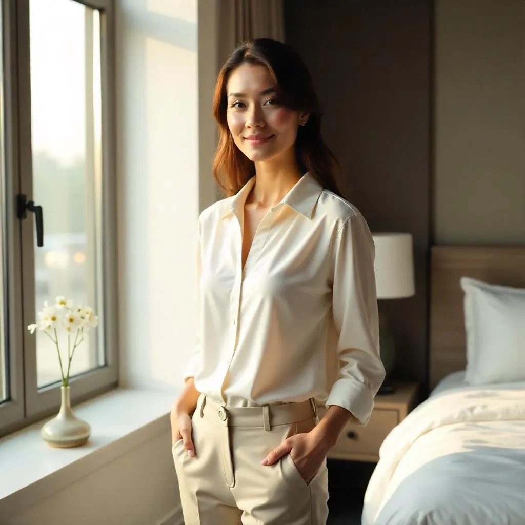 Photorealistic Portrait of an Elegant Woman in a Hotel Room