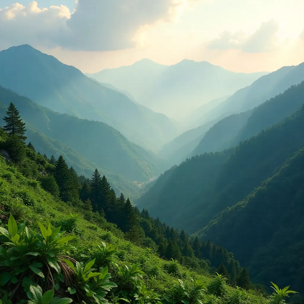 Mist-Kissed Emerald Peaks at Dawn