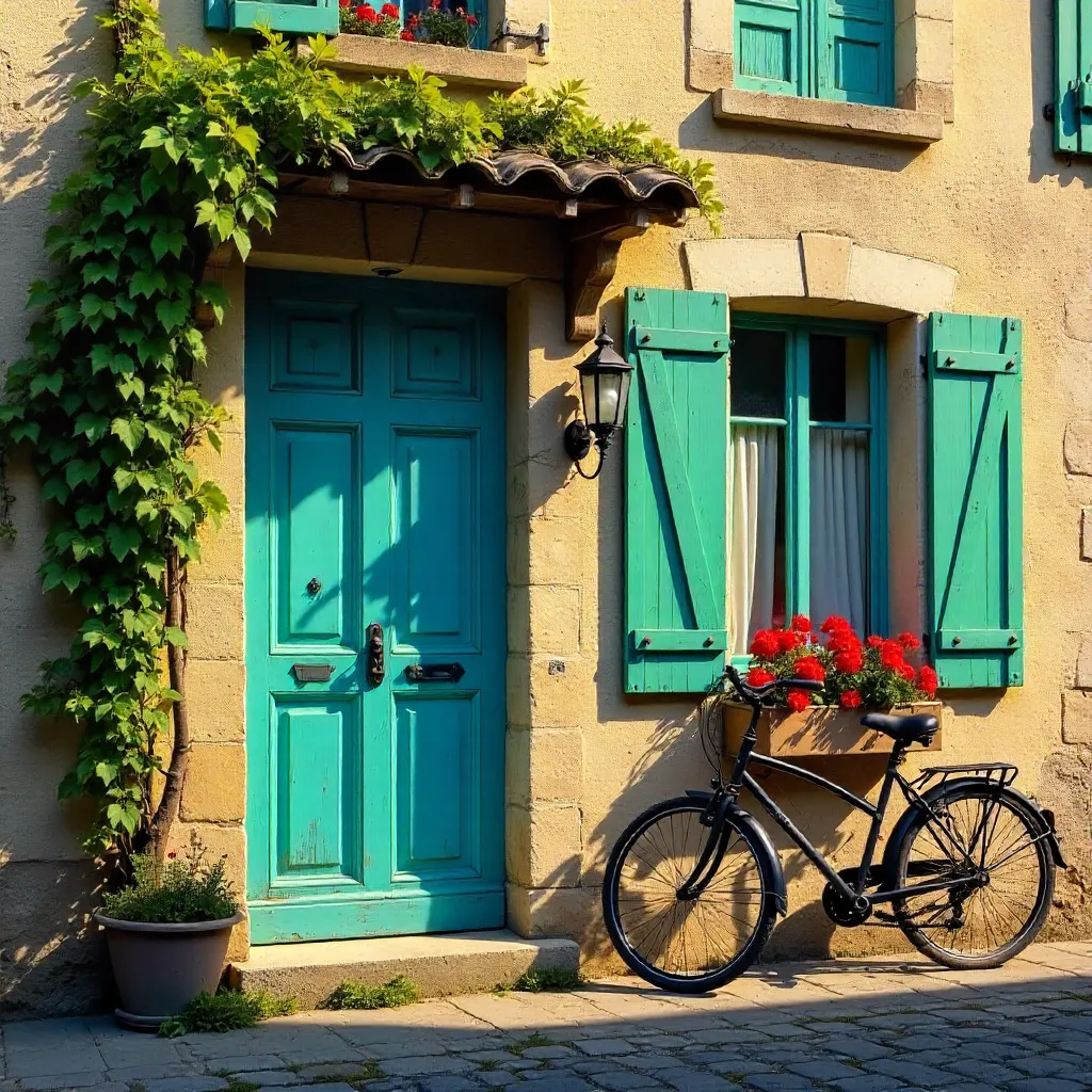 Blue Door and Green Shutters in French Rustic Charm