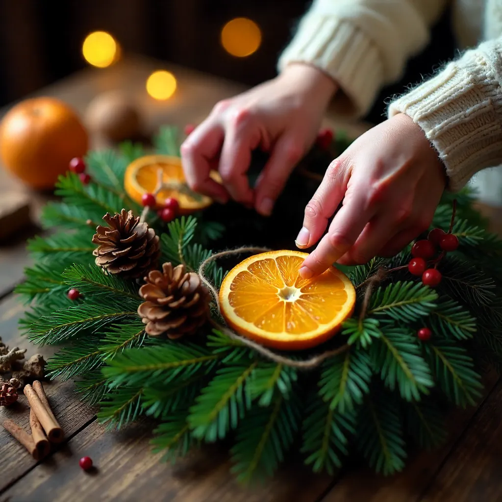 Hands Decorating a Christmas Wreath with Dried Oranges