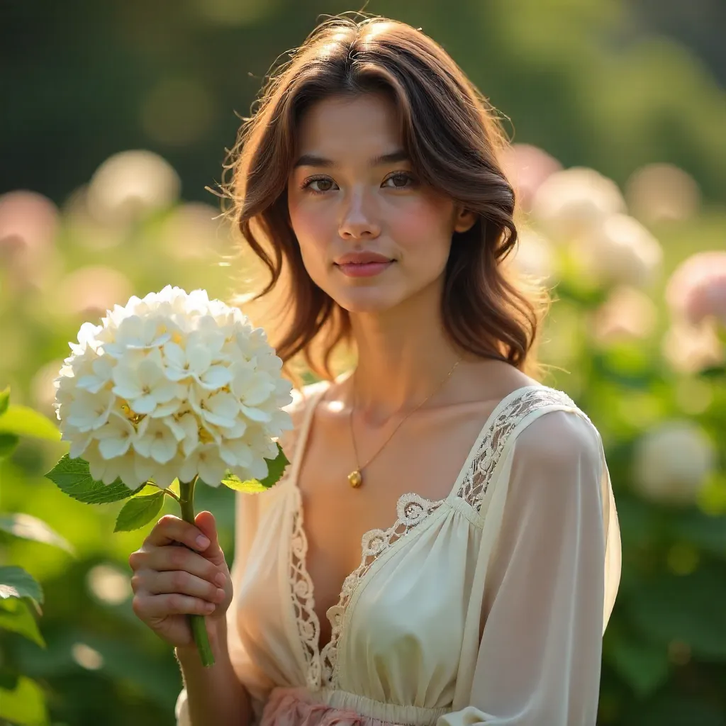 Dreamy Male Model in Feminine Attire with Hydrangea