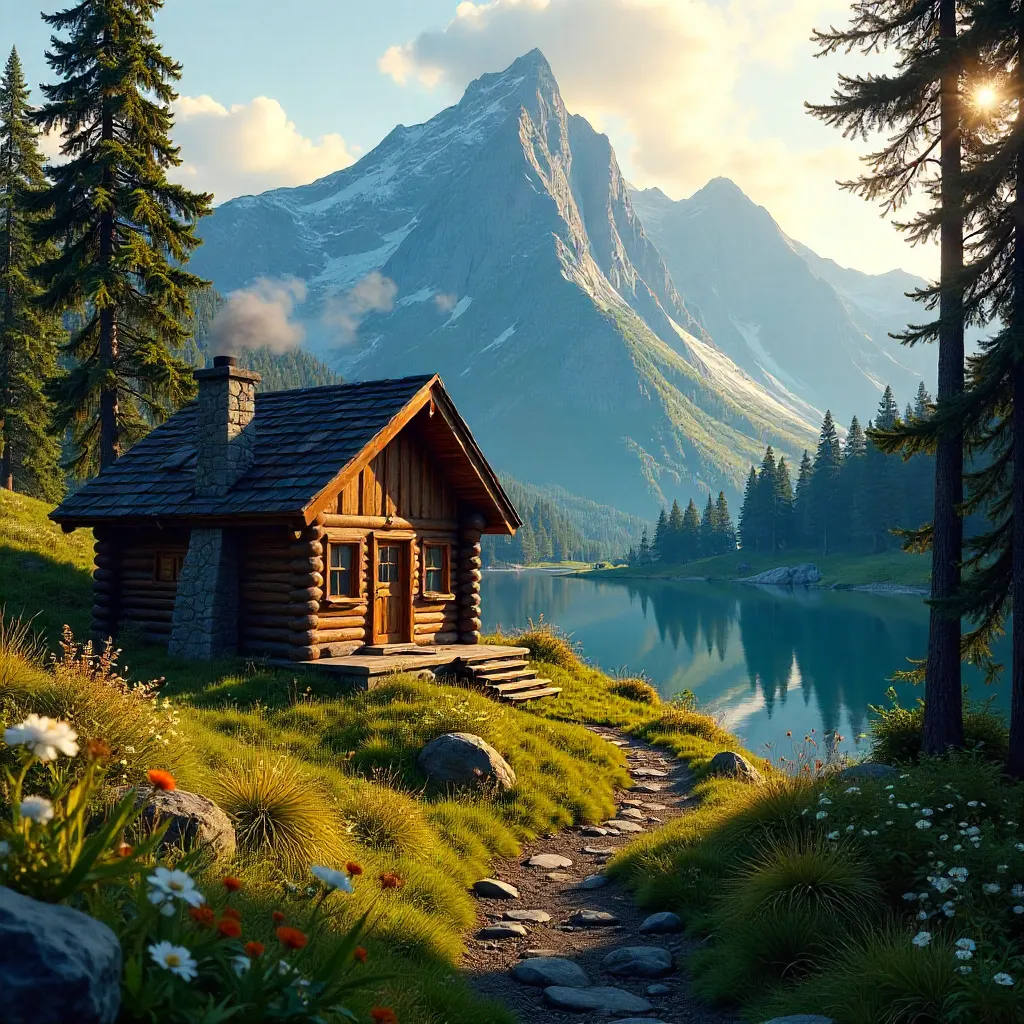 Tranquil Cabin in a Forested Mountain Panorama