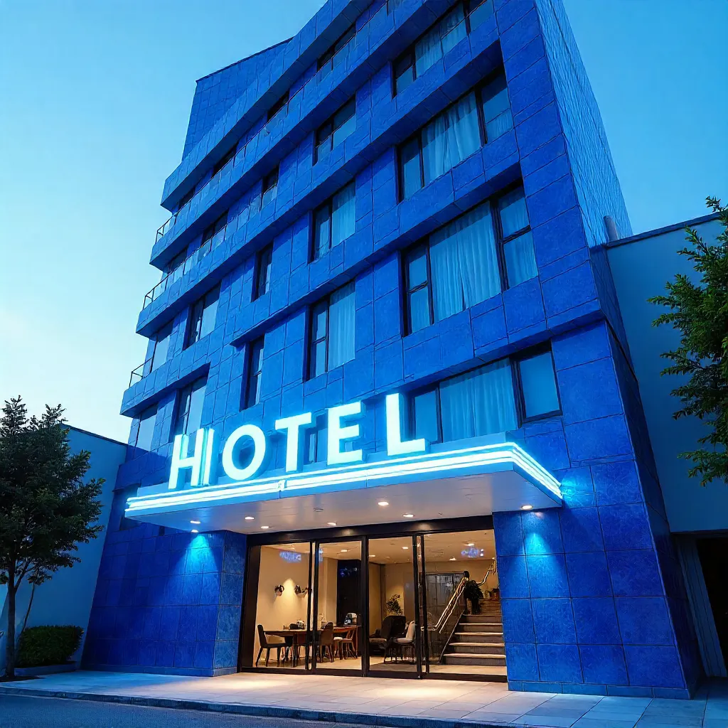 Bright Hotel Sign on Blue Tile Modern Facade