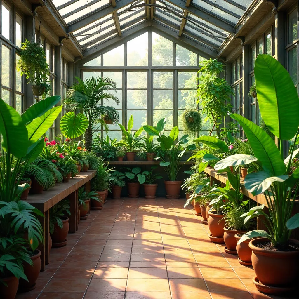 Sunlit Greenhouse of Tropical Potted Plants