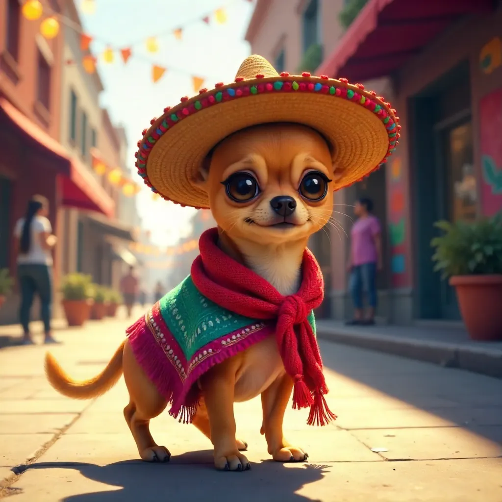 Chihuahua in Colorful Mexican Attire on Urban Street