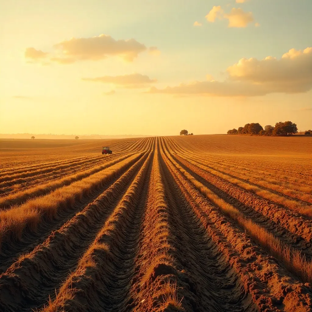 Golden Plowed Field Under a Soft Sky at Golden Hour