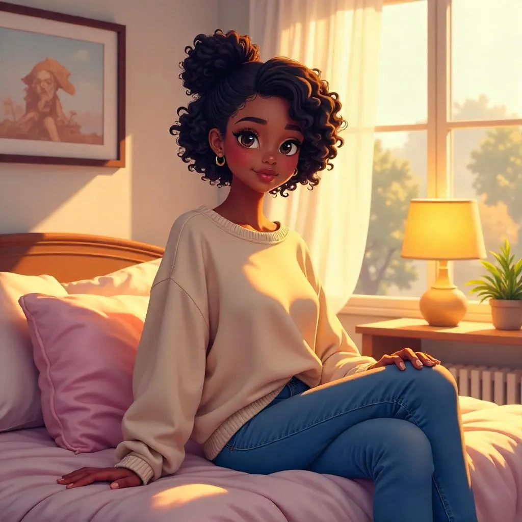 Anime-Style Portrait of an Adult Black Woman in a Cozy Bedroom