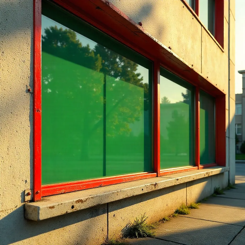 Close-Up of a 1950s Facade: Red Windows, Green Glass