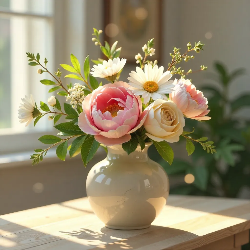 Serene Sunlit Floral Arrangement in Ceramic Vase
