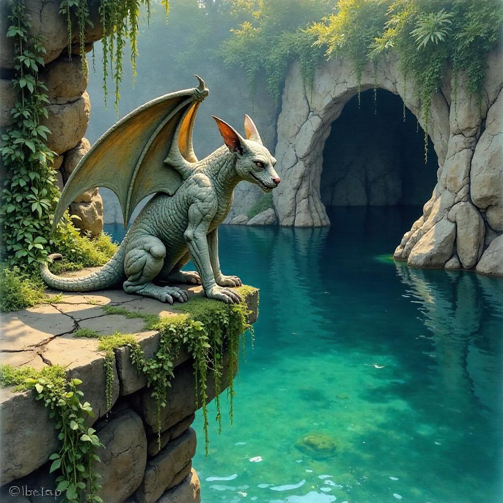 Gargoyle Over a Hidden Lagoon in Watercolor