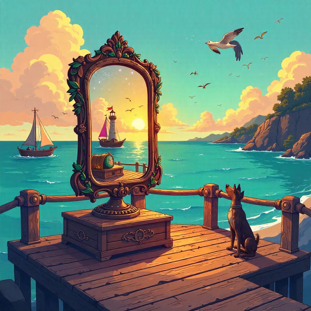 Magic Mirror on a Cartoon Pier at Sunset