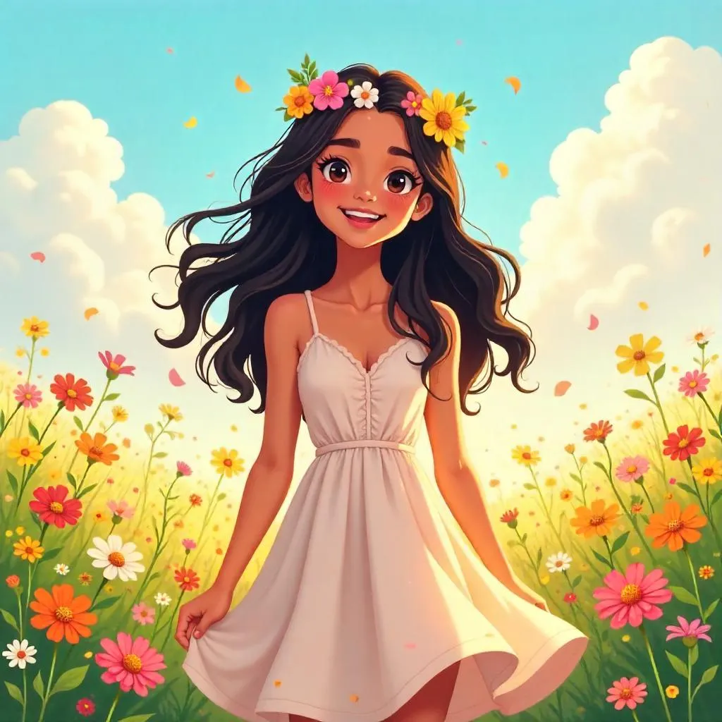 Sunlit Cheer: Latina Girl in a Flower Field (Anime)