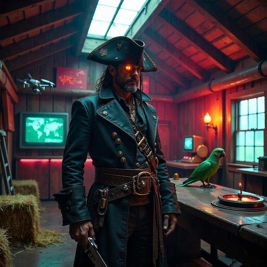 Neon Buccaneer in a Rural Cyber Farmhouse