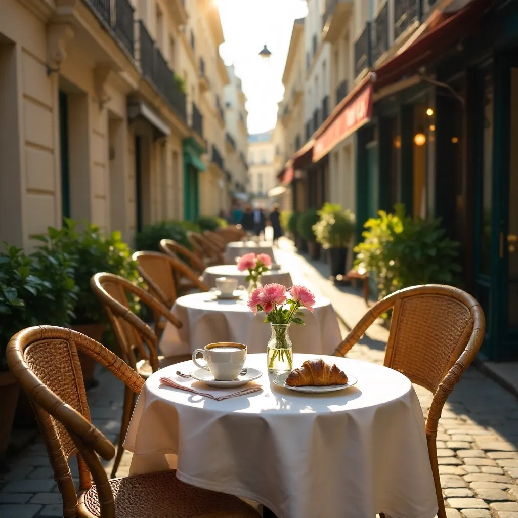 Cozy Paris Café Terrace with Rattan Chairs and White Tablecloth