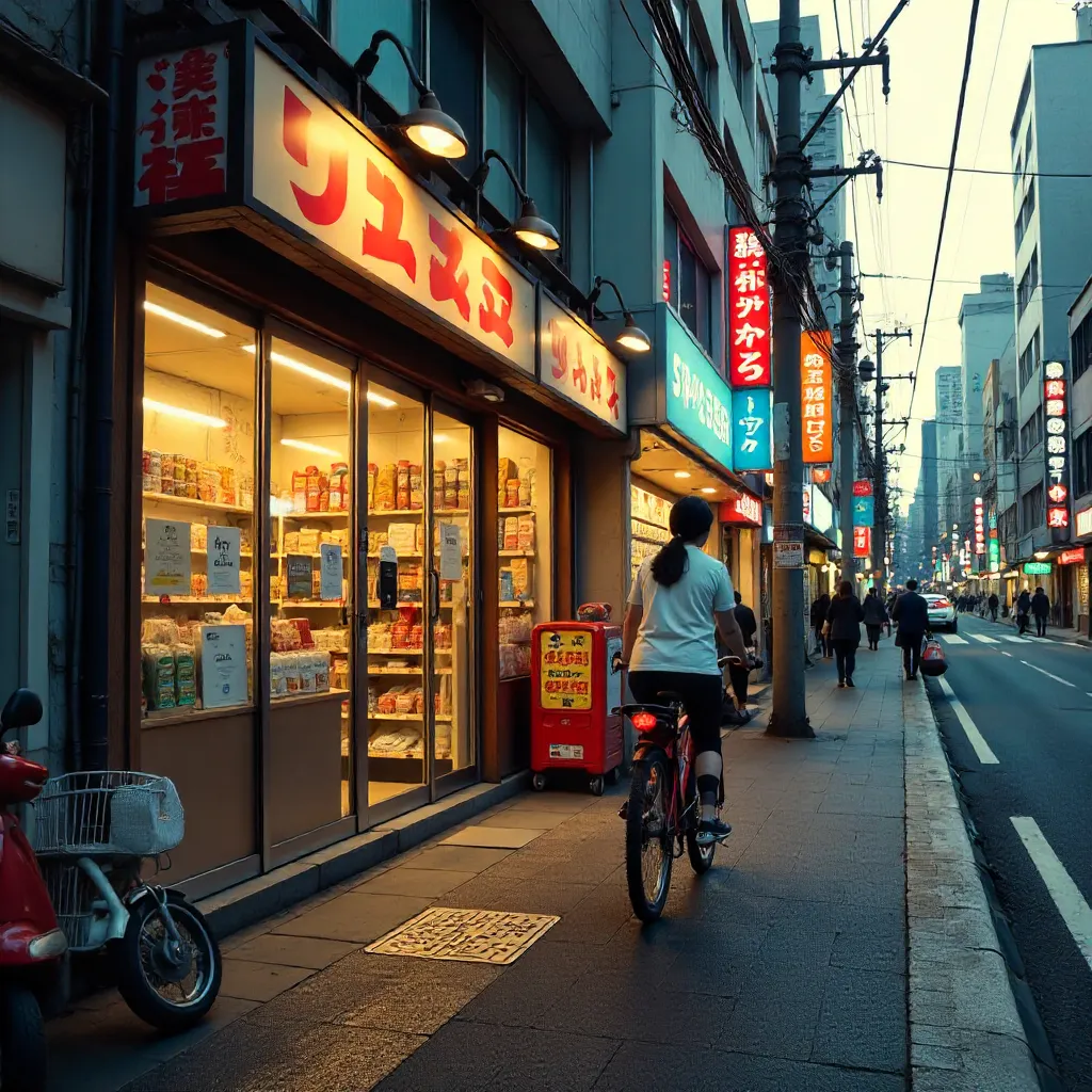 Tokyo cyclist beside a grocery store with Japanese signage