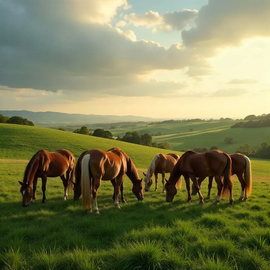 Brown Horses Grazing Across a Vast Bucolic Farmland
