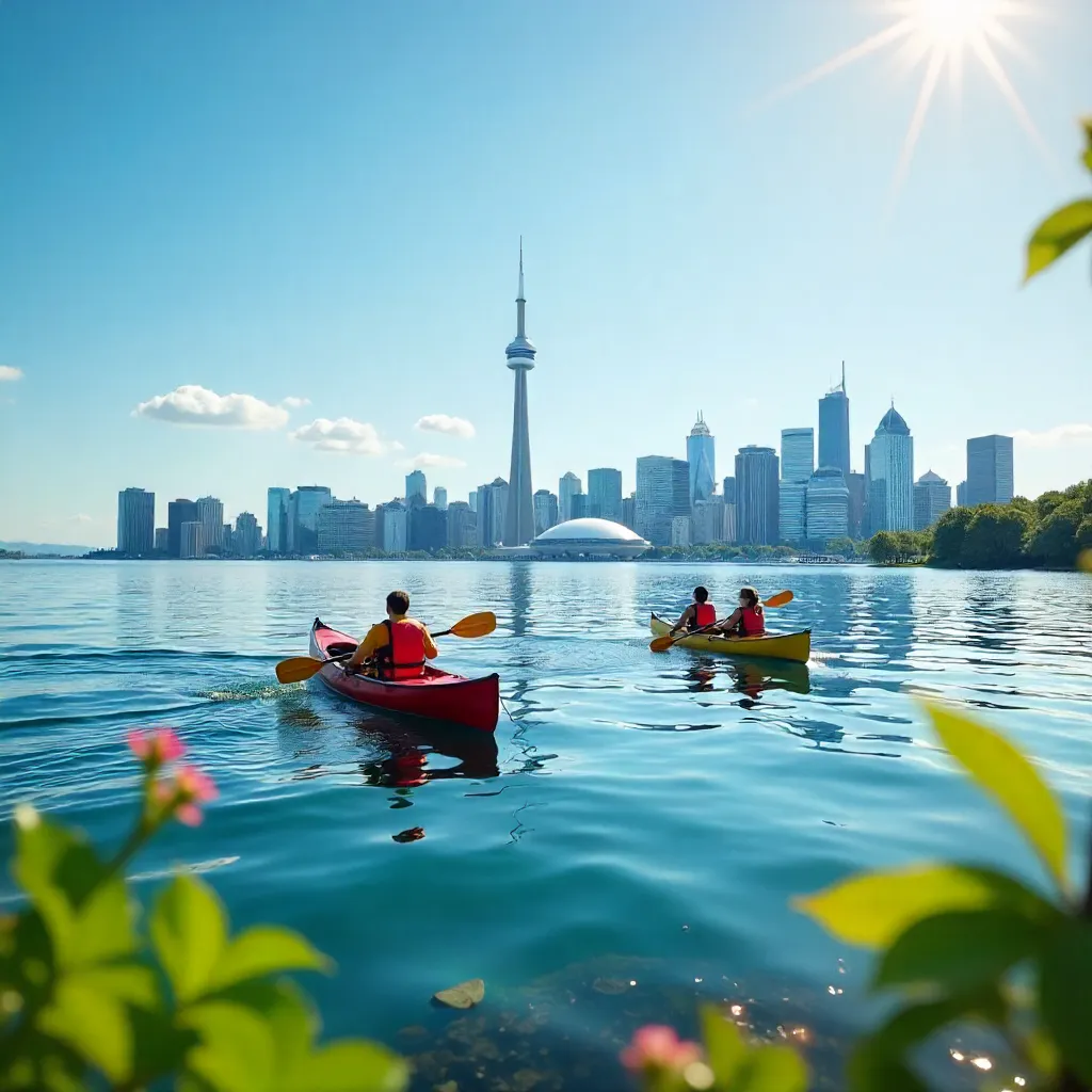 Canoeists on Lake Ontario with Toronto Skyline