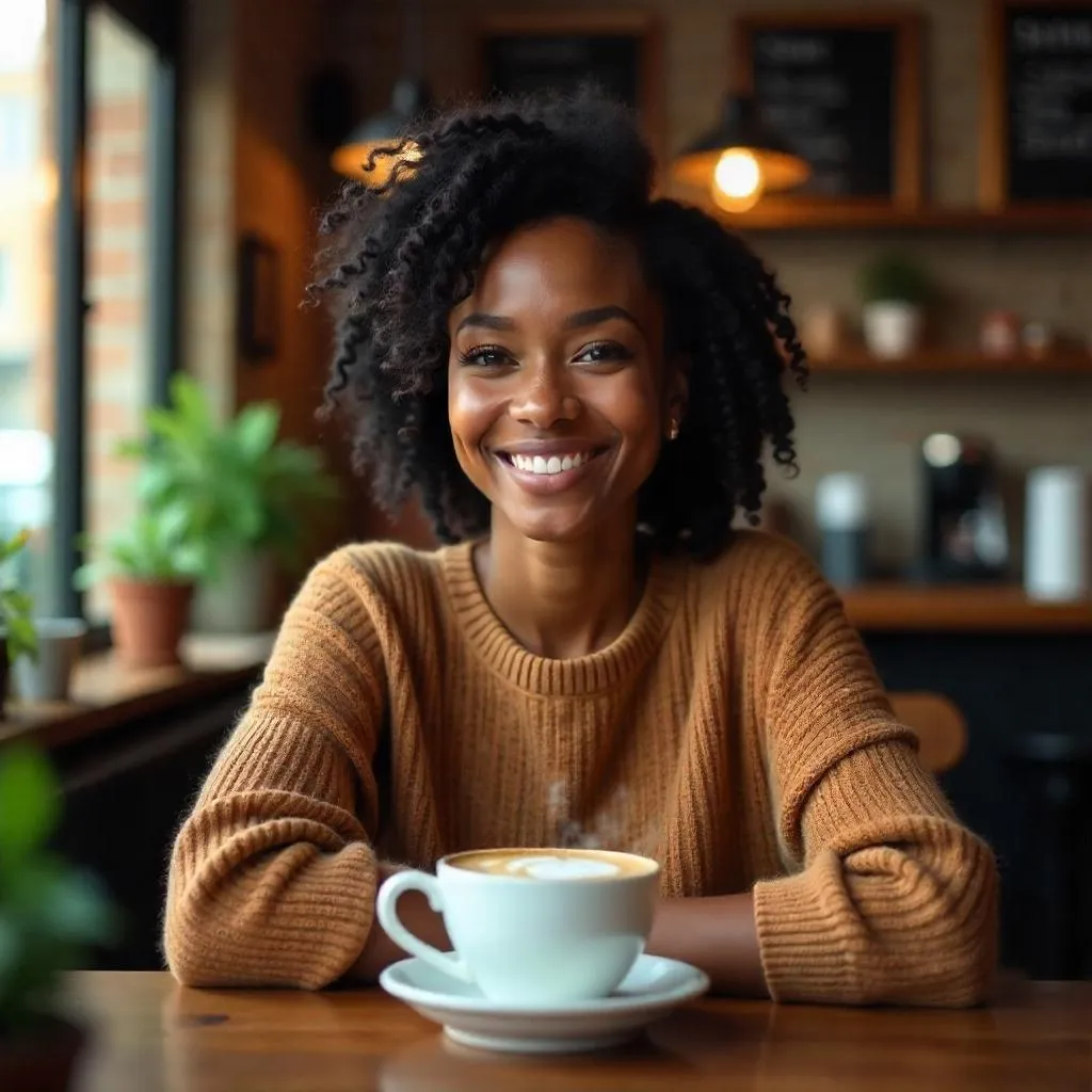 Cheerful Black Woman in a Cozy Coffee Shop