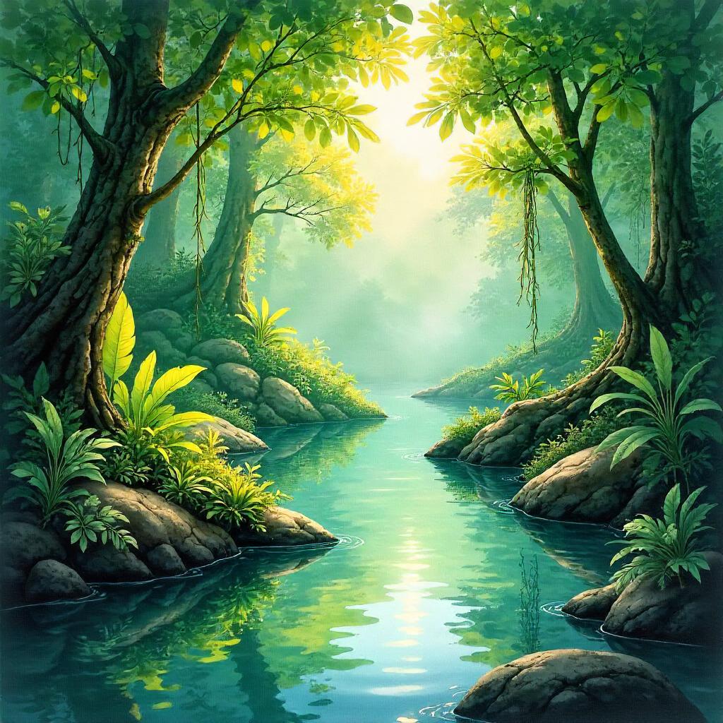 River in the Jungle Canopy — Watercolor Scene