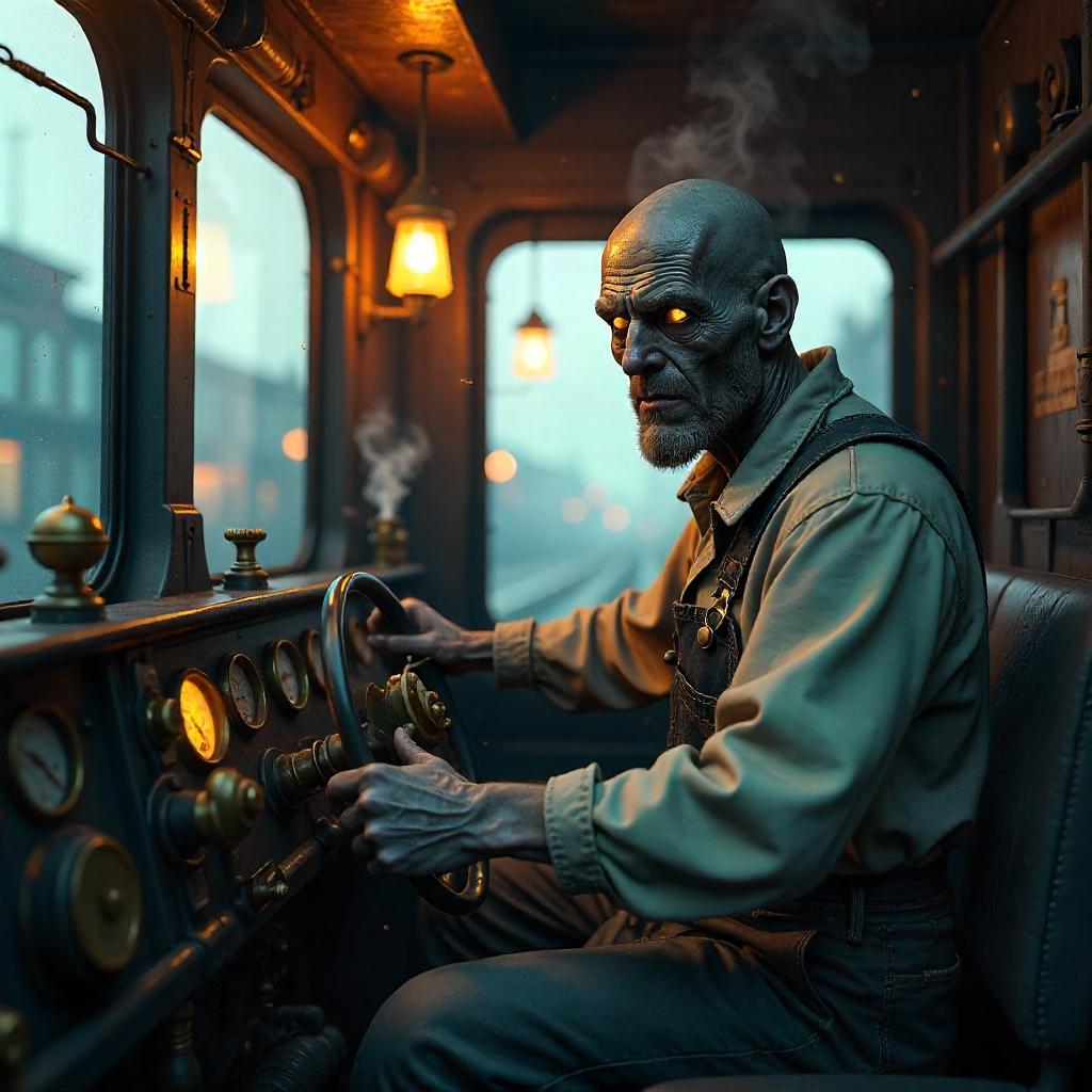 Zombie Engineer in a Steam Locomotive Cab - 3D Render
