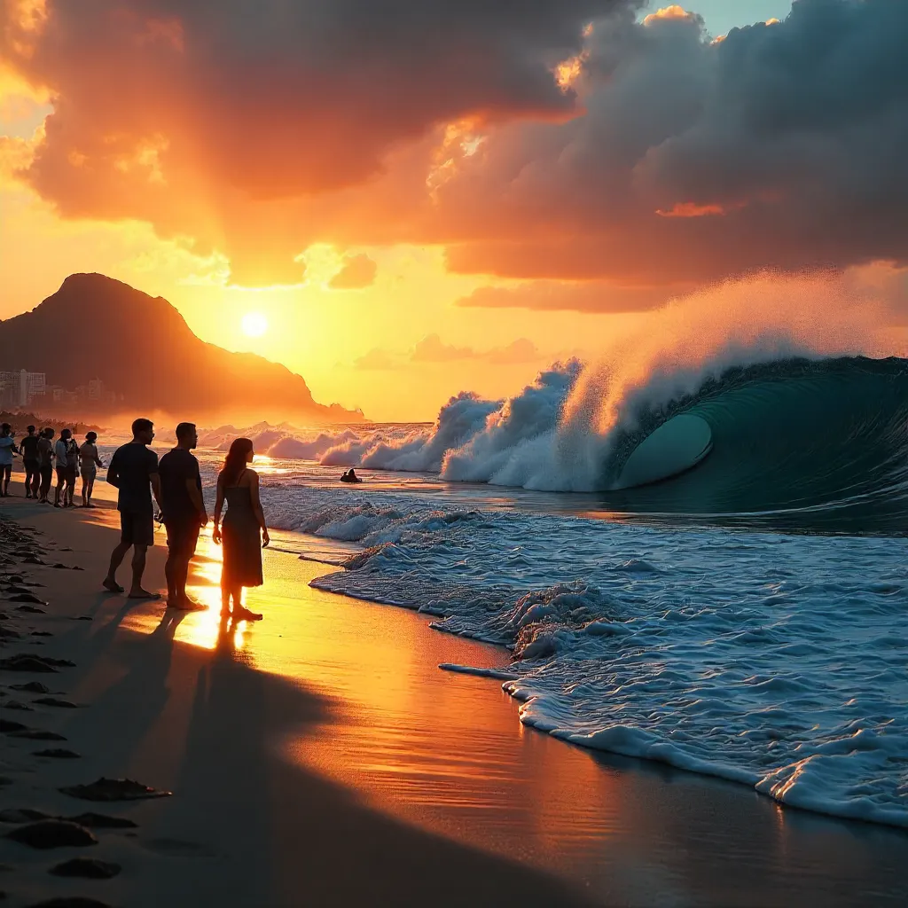 Silhouetted Crowd Watches Massive Rio Waves at Sunset