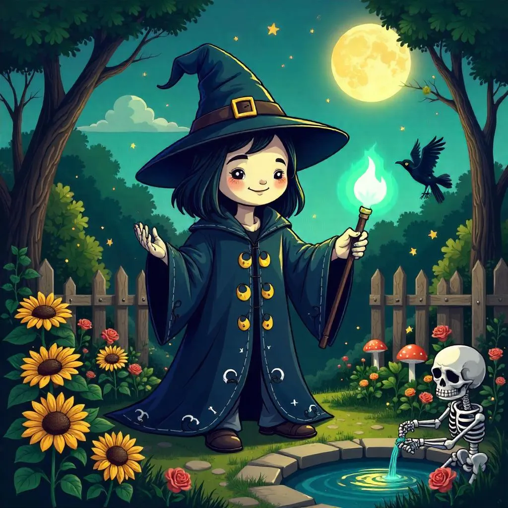 Whimsical Necromancer in a Moonlit Garden