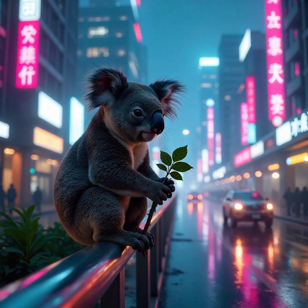 Photorealistic Koala in a Neon Futuristic City